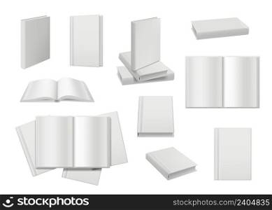 Book mockup. Empty white opening and closed white books publication pages collection decent vector realistic templates. Illustration empty textbook and catalog, cover mock up and paperback. Book mockup. Empty white opening and closed white books publication pages collection decent vector realistic templates