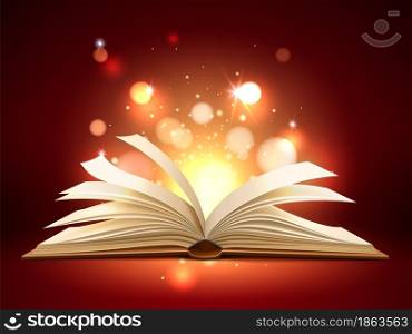 Book mystic light. Realistic opened magic pages with shining and glowing particles, fairy tale, education and entertainment literature, miracle story, banner or poster template vector isolated concept. Book mystic light. Realistic opened magic pages with shining and glowing particles, education and entertainment literature, miracle story, banner or poster template, vector isolated concept