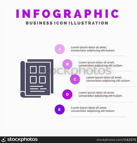 Book, Newspaper, Paper, Notebook, Phonebook Solid Icon Infographics 5 Steps Presentation Background