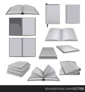 Book notepad mockup set. Realistic illustration of 10 book notepad mockups for web. Book notepad mockup set, realistic style