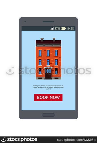 Book now mobile application representing a picture of building with additional information below and button on vector illustration. Book Now Mobile Application on Vector Illustration