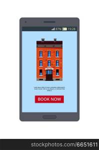 Book now mobile application representing a picture of building with additional information below and button on vector illustration. Book Now Mobile Application on Vector Illustration
