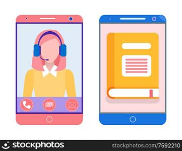 Book on mobile phone and smart lady in smartphone vector. Lady explaining material to student, online education and teachers assistance and quick help. Book on Mobile Phone and Smart Lady in Smartphone