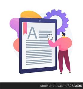 Book online reading. Digital library, e reading, ebooks archive. Internet bookstore. Mobile ereader. Document and text editing. Creative writing. Vector isolated concept metaphor illustration.. Book online reading vector concept metaphor.