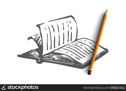 Book, open, paper, literature, knowledge concept. Hand drawn open book with empty pages concept sketch. Isolated vector illustration.. Book, open, paper, literature, knowledge concept. Hand drawn isolated vector.