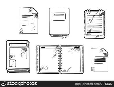 Book, open spiral notebook and notepad, paper documents and diary with ribbon bookmark. Isolated sketch icons for school or office supplies theme
