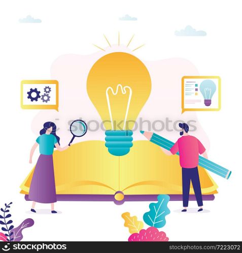 Book or textbook with new ideas. Business people get knowledge from guide book or user manual. Businessman looking for new ideas, project development. Brainstorming banner. Flat vector illustration. Book or textbook with new ideas. Business people get knowledge from guide book or user manual. Businessman looking for new ideas