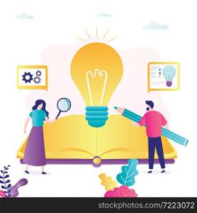 Book or textbook with new ideas. Business people get knowledge from guide book or user manual. Businessman looking for new ideas, project development. Brainstorming banner. Flat vector illustration. Book or textbook with new ideas. Business people get knowledge from guide book or user manual. Businessman looking for new ideas