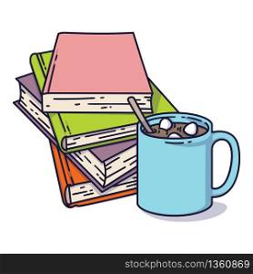 Book pile and a cup of cocoa with marshmallows. I love reading concept for libraries, book stores, festivals, fairs and schools. Vector illustration isolated on white.
