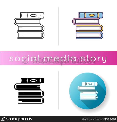 Book pile icon. Stack of hardcover textbooks. School assignment. Self education and knowledge. Teach and study. Bookstore sign. Linear black and RGB color styles. Isolated vector illustrations