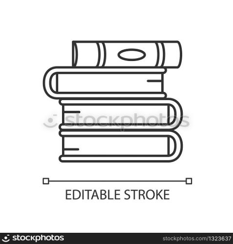 Book pile pixel perfect linear icon. Stack of hardcover textbooks. Self education and knowledge. Thin line customizable illustration. Contour symbol. Vector isolated outline drawing. Editable stroke