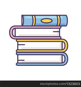 Book pile RGB color icon. Stack of hardcover textbooks. School assignment. Self education and knowledge. Teach and study. Bookstore sign. Library collection. Isolated vector illustration