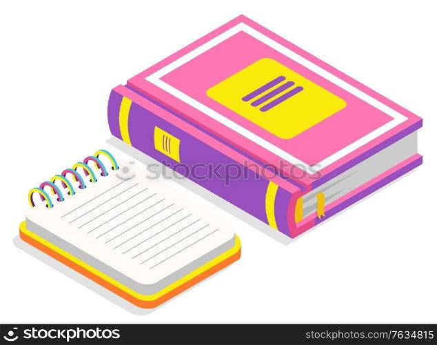 Book publication printed manual vector, isolated icon of textbook and notebook with spiral. Educational elements, information in encyclopedia school. Back to school concept. Flat cartoon isometric 3d. Book and Notebook with Spiral 3D Isometric Style