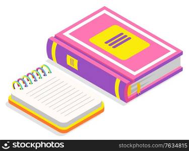 Book publication printed manual vector, isolated icon of textbook and notebook with spiral. Educational elements, information in encyclopedia school. Back to school concept. Flat cartoon isometric 3d. Book and Notebook with Spiral 3D Isometric Style