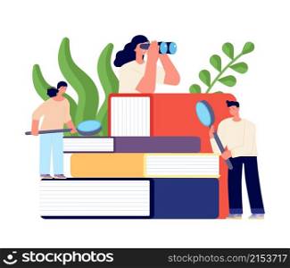 Book readers concept. People search info in books, student researching process. Tiny person with binoculars and magnifying glass and giant journals vector scene. Illustration reader education concept. Book readers concept. People search info in books, student researching process. Tiny person with binoculars and magnifying glass and giant journals vector scene