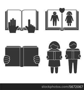 Book reading icons set with black people silhouettes isolated vector illustration.