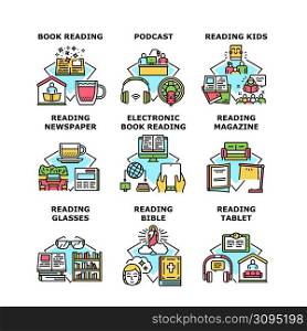 Book Reading Kids Set Icons Vector Illustrations. Newspaper And Bible Book Reading, Magazine Read With Glasses And E-book. Listening Podcast Online And Use Electronic Tablet Color Illustrations. Book Reading Kids Set Icons Vector Illustrations