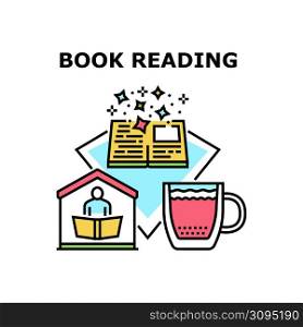 Book Reading Vector Icon Concept. Person Book Reading At Home And Drinking Tea Or Coffee Energy Hot Drink, Enjoying Literature Interesting And Magic Story In Library Color Illustration. Book Reading Vector Concept Color Illustration