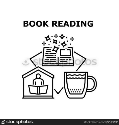 Book Reading Vector Icon Concept. Person Book Reading At Home And Drinking Tea Or Coffee Energy Hot Drink, Enjoying Literature Interesting And Magic Story In Library Black Illustration. Book Reading Vector Concept Black Illustration