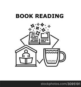 Book Reading Vector Icon Concept. Person Book Reading At Home And Drinking Tea Or Coffee Energy Hot Drink, Enjoying Literature Interesting And Magic Story In Library Black Illustration. Book Reading Vector Concept Black Illustration