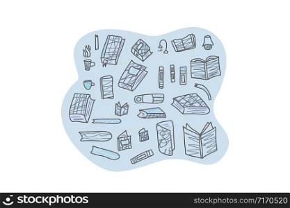 Book set in doodle style. Book club concept. Symbols of reading on white background. Vector illustration.