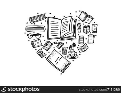 Book set in doodle style. Heart shape concept of readimg symbols. Vector illustration.