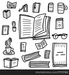 Book set in doodle style. Sketch symbols of reading. Vector black and white design illustration.