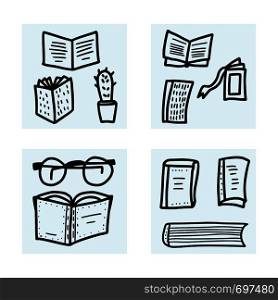 Book set in doodle style. symbols of reading cards. Vector illustration.
