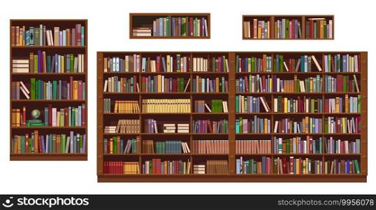 Book shelves and bookcase of library or bookstore, vector education. Bookshelf isolted objects with stacks and rows of books, antique and modern literature bookshop interior design. Book shelves and bookcase of library, bookstore