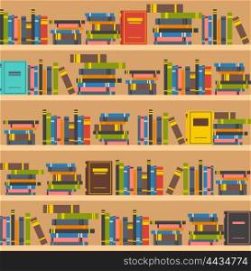 Book shelves illustration. Book shelves in school or home library interior flat vector illustration