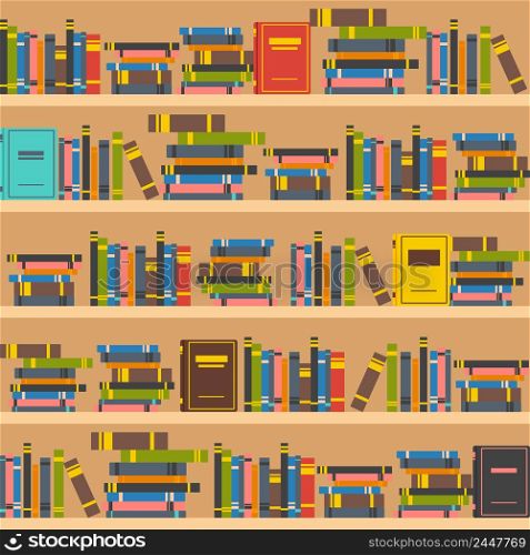 Book shelves in school or home library interior flat vector illustration. Book shelves illustration