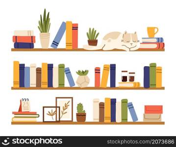 Book shelves. Rack books, interior bookshelf with cat, plants in pot and accessories. Isolated comfy scandinavian style home shelf, bookcase vector elements. Bookshelf wooden or rack with books. Book shelves. Rack books, interior bookshelf with cat, plants in pot and accessories. Isolated comfy scandinavian style home shelf, bookcase vector elements