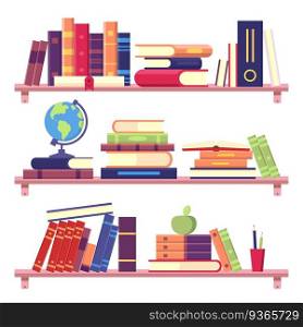Book shelves with stack of books and other objects as binder, globe, apple and pencils. Home library on wall. Education and reading literature concept, knowledge vector illustration. Book shelves with stack of books and other objects as binder, globe, apple and pencils. Home library on wall