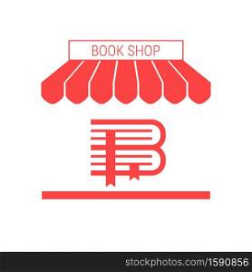 Book Shop, Antiquarian Rare Books Store Single Flat Vector Icon. Striped Awning and Signboard. A Series of Shop Icons.. Book Shop, Antiquarian Rare Books Store Single Flat Vector Icon. Striped Awning and Signboard
