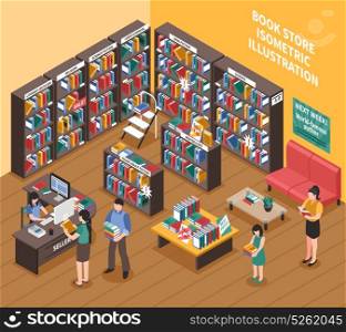 Book Shop Isometric Illustration. Book shop interior isometric illustration of bookshelves with printed publications stepladder shoppers and seller vector illustration