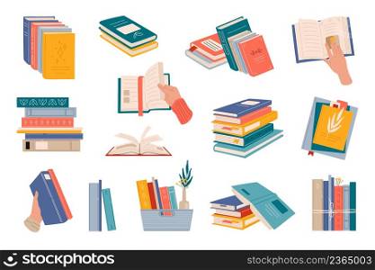 Book stacks. Flat style textbooks, novel books or diaries on shelf and tray. Bookstore, library or collage old books vector stacks or piles, human hands holding, opening and flipping notebook pages. Book, notebook or textbooks stacks and piles