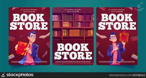 Book store banners with young man and shelves with literature. Vector advertising posters of bookstore with cartoon illustration of character in glasses in shop. Book store banners with shelves with literature