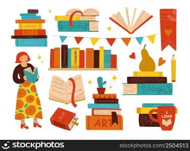 Book store. Cute woman reader. Bookshelf with vintage covers row and bookmarks. Textbook stacks and piles. Color printed product. Fairy tales and fiction literature. Vector cozy library elements set. Book store. Woman reader. Bookshelf with vintage covers row and bookmarks. Textbook stacks and piles. Color printed product. Fairy tales and fiction literature. Vector library elements set