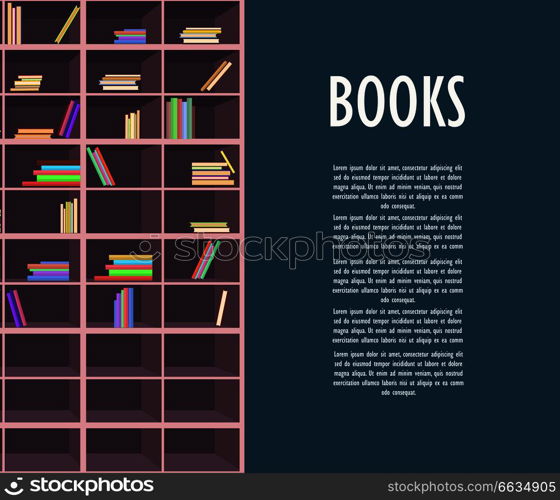 Book store promotion web poster. Wooden bookcase half full pile of interesting books with colorful covers vector illustration.. Book Store Promotion Poster with Wooden Bookcase