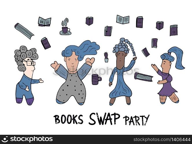 Book Swap Party concept with girls. Hand lettering with doodle style decoration. Quote for exchange event. Handwritten phrase with book design elements isolated on white background. Vector illustration.