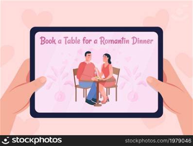 Book table for date flat color vector illustration. Planning valentines day celebration. Lovers in cafe. Romantic partners in restaurant 2D cartoon characters with tablet screen on background. Book table for date flat color vector illustration