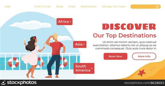 Book tour and discover our top destinations. Couple drinking ch&agne on ship or cruise. Voyage and journey, traveling abroad. Website landing page template, internet site. Vector in flat style. Discover our top destinations, book tour online