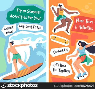 Book travel, and activities for you, contact us for ordering tour for vacation. Surfin by seaside and roller skating, dancing and leading funny lifestyle. Advertisement, vector in flat style. Top summer activities for vacation, book tour