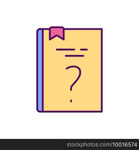 Book with a question mark on the title page. Mysterious knowledge. Not knowing what’s inside. Bookstore. Online library helpline. Guide book. RGB color icon. Isolated vector illustration. Book with a question mark on the title page