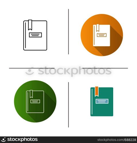 Book with bookmark icon. Taking notes. Notepad. Copybook. Flat design, linear and color styles. Isolated vector illustrations. Book with bookmark icon