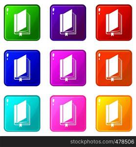 Book with bookmark icons of 9 color set isolated vector illustration. Book with bookmark set 9