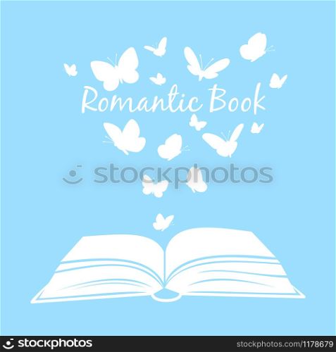 Book with butterflies. Open textbook with butterfly silhouettes above pages isolated on white background, vector blue romantic book concept. Book with butterflies. Open textbook with butterfly silhouettes above pages isolated on white background