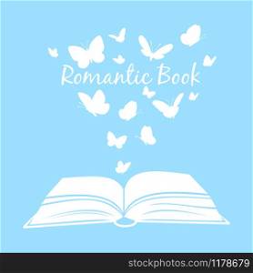 Book with butterflies. Open textbook with butterfly silhouettes above pages isolated on white background, vector blue romantic book concept. Book with butterflies. Open textbook with butterfly silhouettes above pages isolated on white background