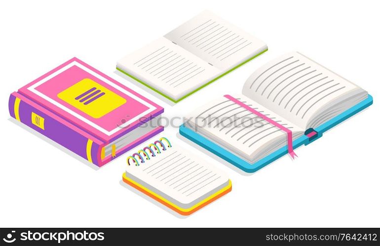 Book with pages and bookmark vector, isolated printed material. Textbook for education and teaching, learning disciplines at school or university illustration in flat style design for web, print. Book with Ribbon Bookmark Printed Copybook Vector