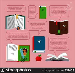 Book with quote set. Open books with quotes in bubbles vector illustration. Book with quote set